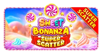 Sweet Bonanza Super Scatter için özgün tanıtım görseli: slot oyunu düzenini soyut geometrik desenle gösterir.